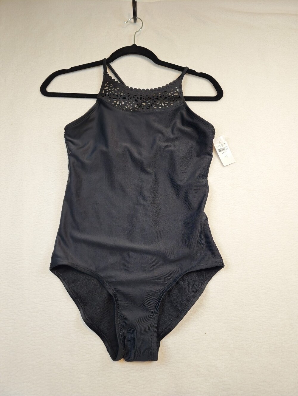 Justice  Black‎ High-Neck One-Piece Swimsuit with Laser-Cut Detail Girls Size 16